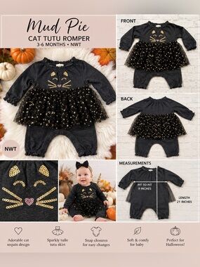 🎃 Mud Pie Baby Girl Cat Tutu Romper Halloween Outfit 3-6M NWT